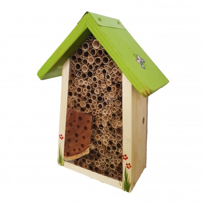 Bienenhotel klein ohne Schild mit Schmetterlingen farbiges Dach