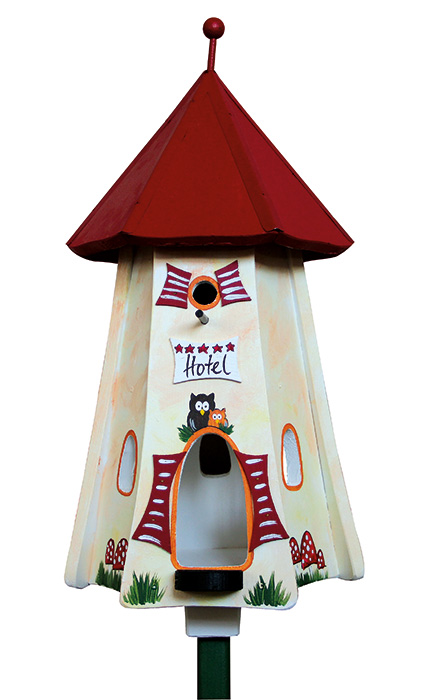 Vogelhaus Mit Ständer & Solarbeleuchtung – Sechseckig, Rot, Groß (57 Cm Dach), Inkl. 1 M Hohem Ständer, Wetterfest Lasiert