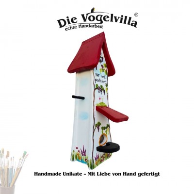 Futterhaus mit Silo - Futtertürmchen "Hier wird gezwitschert"