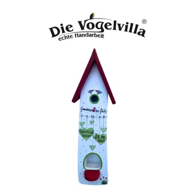 Kombiniertes Vogelhaus - Minivilla 2 "Gemeinsam ins Glück" mit grünen Herzen - personalisiert
