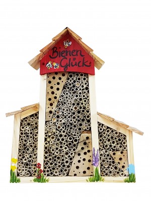 Bienenhotel groß mit Anbau "Bienen Glück" mit Lamellendach