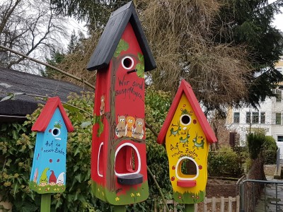 Kombiniertes Vogelhaus - Minivilla 2 Eulen rot - personalisiert